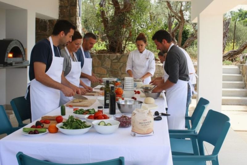Cooking class in cucina esterna con lo chef e gli ospiti al lavoro